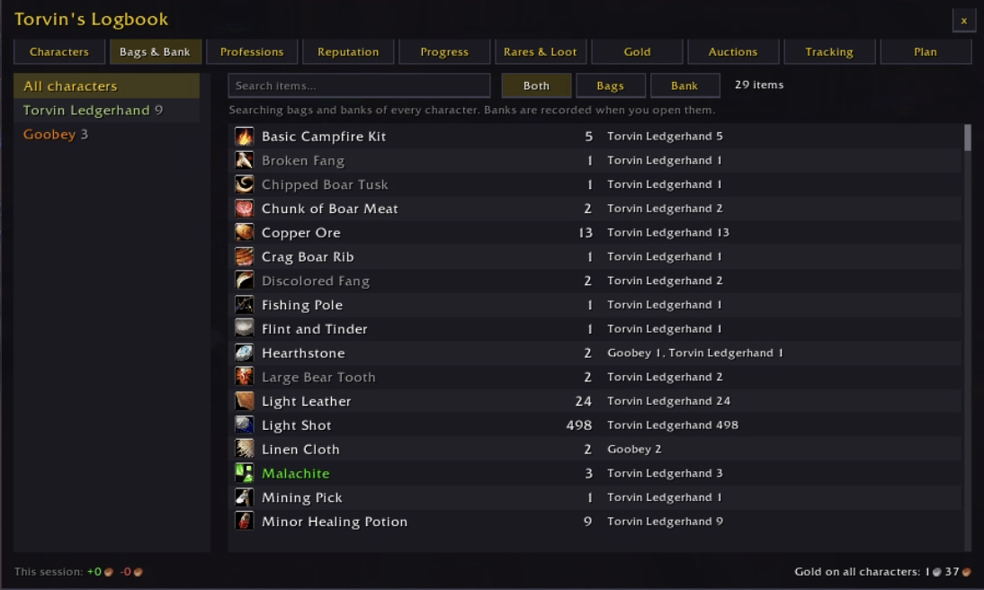 Bags & Bank page searching all characters