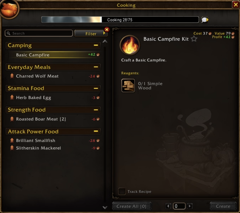 The game's crafting window with cost, value and profit