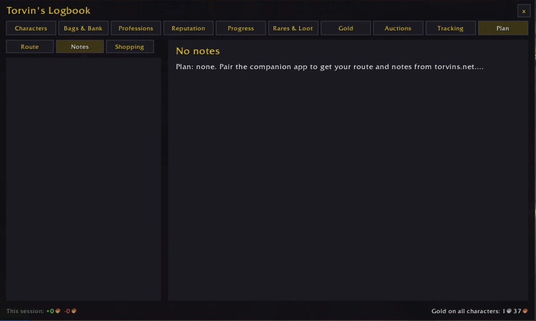 The Plan page of the addon, with Route, Notes and Shopping tabs