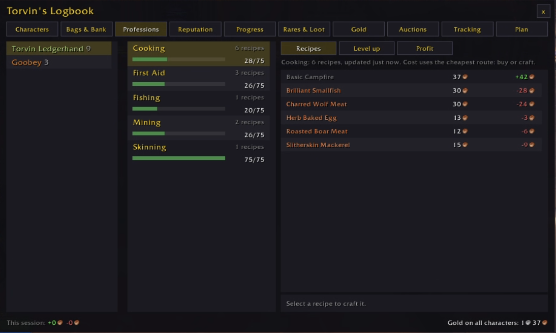 Professions page: skill bars and recipes with cost and profit