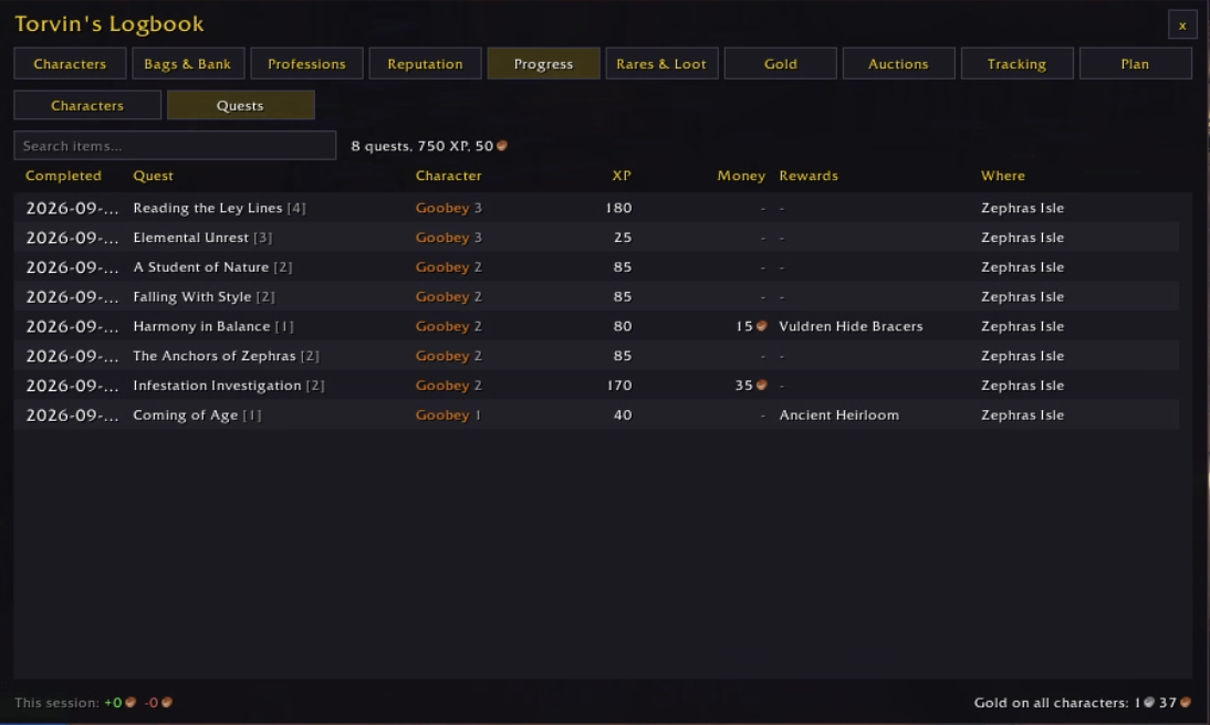 Progress page: completed quests