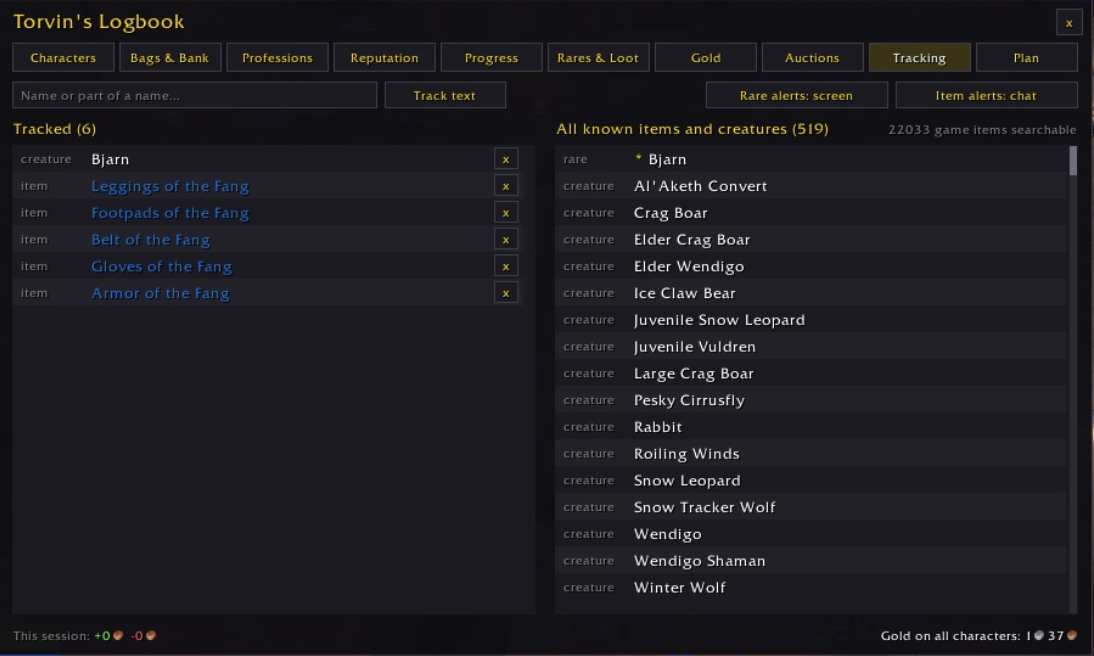 Tracking page: tracked items and rares and everything known